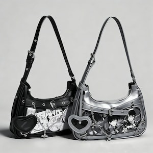May include: Two shoulder bags, one black and one silver, with anime-style illustrations. Each bag features a heart-shaped charm and silver hardware. The bags have adjustable straps and are made of a shiny material.
