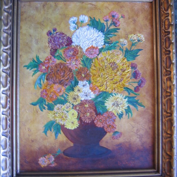 Bodegón vintage de los años setenta la pintura al óleo Floral