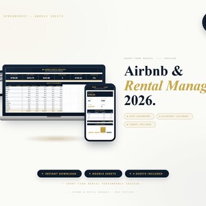 May include: A digital spreadsheet for Google Sheets titled Airbnb & Rental Manager 2026. The display shows a laptop and smartphone screen with financial data, charts, and occupancy calendars. Text includes Short-Term Rental Tracker and 4 Sheets Included.
