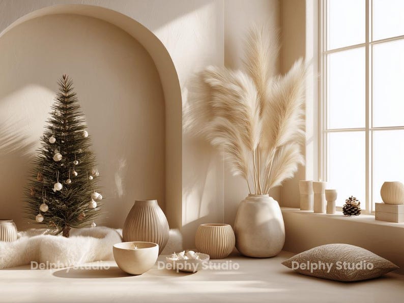 Japandi Christmas Zoom Backgrounds PNG + Blurred Versions | Minimal ...