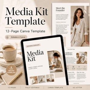 May include: A digital media kit template displayed on a tablet, with the title "Media Kit Template" in large black letters. The design is modern and elegant, with a neutral color palette. Includes a coffee cup, notebook, and pen.