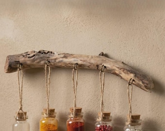 Llavero de pared de madera flotante, joyero rústico con 5 ganchos vintage, decoración de pared natural hecha a mano, regalo bohemio ecológico