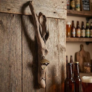 Abrebotellas de pared hecho a mano con madera flotante, fabricado en Francia. Abrebotellas de diseño orgánico, decoración marinera, accesorio de cocina de madera natural.