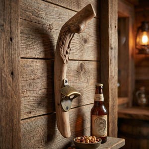 Puede incluir: Un abridor de botellas rústico de madera con un abridor de latón adjunto. El abridor está montado en una tabla de madera, con una botella de cerveza y un pequeño cuenco de frutos secos cerca. La madera tiene un aspecto natural y envejecido.