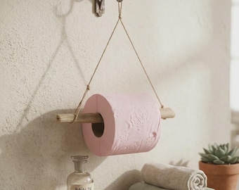 Hanging driftwood toilet paper holder - Rustic boho bathroom decor - Handmade natural bathroom accessory (France) - Housewarming gift