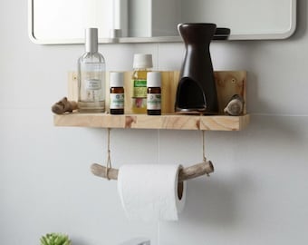 Étagère porte papier toilette bois flotté, Dérouleur WC suspendu naturel rustique, Décoration salle de bain bohème, Fait main France, cadeau