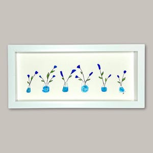 Blue Sea Glass Flowers in Vases - Framed Shadowbox Artwork - 6x14