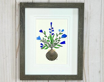 Blue Sea Glass Flowers and Shell Bouquet - Sea Glass, Shell, Line and Wash Watercolor - 8x10 Framed Original Artwork