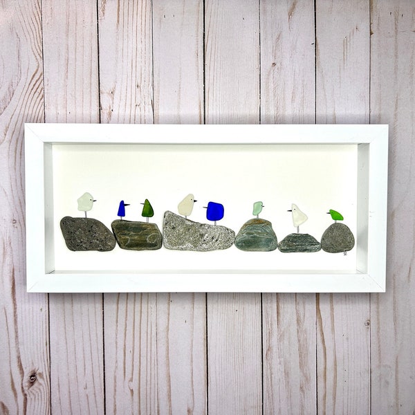 Sea Glass Birds on Pebbles - 6x14 Framed Original Artwork