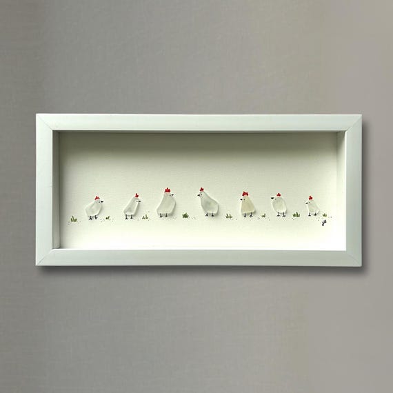 Flock of Sea Glass Chickens - Framed Shadowbox Artwork - 6x14