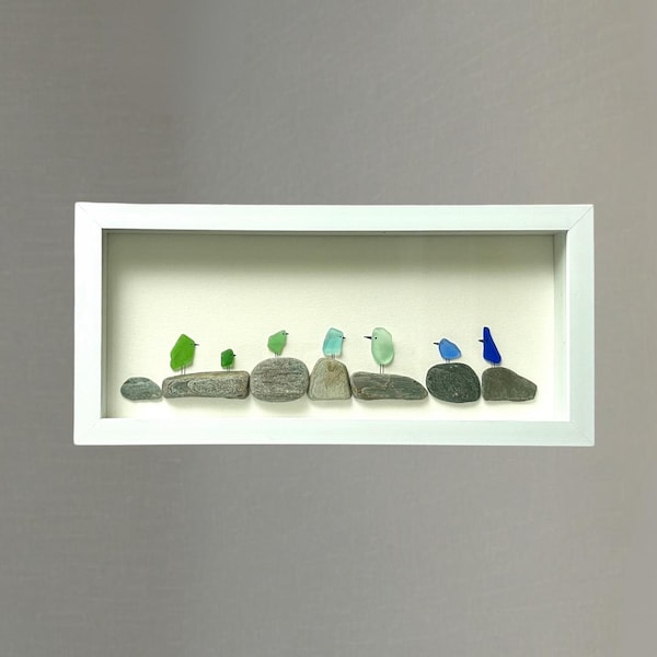 Sea Glass Rainbow Birds on Pebbles - Framed Shadowbox Artwork - 6x14