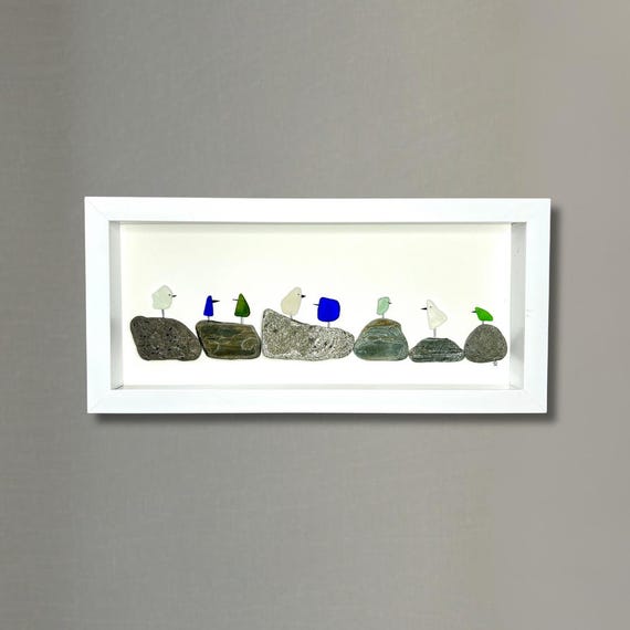 Sea Glass Birds on Pebbles - Framed Shadowbox Artwork - 6x14