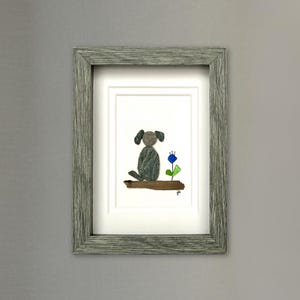 Beach Pebble Dog and Sea Glass Flower - Framed Shadowbox Artwork - 5x7