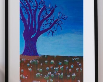 May include: A framed art print featuring a dark purple tree with bare branches set against a bright blue sky. The foreground consists of a reddish-brown field filled with small, scattered clusters of white and green flowers across the landscape.