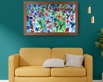 May include: A rectangular wall art piece featuring a vibrant watercolor-style illustration of numerous small flowers in shades of red, blue, purple, and green, enclosed within a simple, medium-toned wooden frame with a clean, straight-edged design.