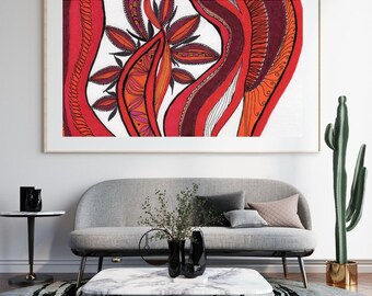 May include: A framed horizontal wall art print featuring an abstract illustration with bold red, orange, and dark maroon wavy vertical bands and a central floral-inspired motif with intricate black line work on a stark white background.