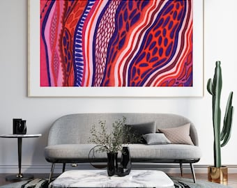May include: A rectangular wall art print featuring an abstract composition of vertical and wavy bands in shades of bright red, deep purple, and soft pink, with intricate patterns of dots, cross-hatching, and solid lines throughout the design.
