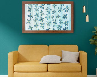 May include: A rectangular wall art piece featuring a wooden frame and a light blue background with a repeating pattern of dark blue, stylized leaf-like shapes. The artwork is displayed horizontally, showcasing a clean, symmetrical botanical design.