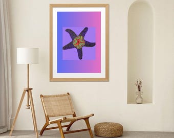 May include: A framed wall art print featuring a dark purple starfish with a detailed, multi-colored geometric pattern in its center. The starfish is set against a vibrant background that transitions from blue on the left to pink on the right.