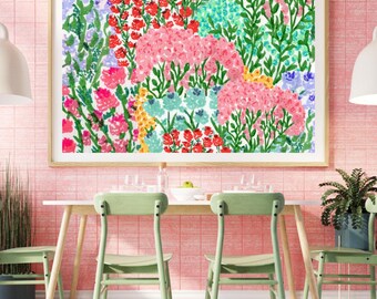 May include: A rectangular wall art print featuring a vibrant watercolor-style floral pattern with clusters of pink, red, light blue, and yellow flowers interspersed with green foliage, all enclosed within a simple light-colored wooden frame.