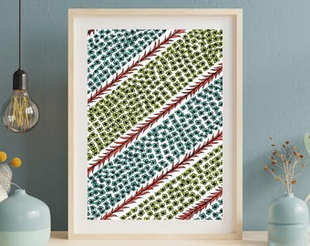 May include: A framed rectangular wall art print featuring a repeating pattern of diagonal stripes. The design consists of alternating bands of small teal and lime green flowers separated by thin, serrated red lines on a white background.