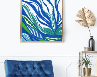 May include: A rectangular wall art piece in a thin gold frame featuring an abstract botanical illustration. The artwork displays flowing blue and green organic shapes, including striped patterns, dotted lines, and leaf-like forms on a white background.