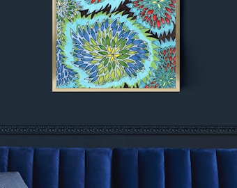 May include: A rectangular wall art piece in a thin gold frame featuring a vibrant, abstract floral pattern. The design consists of large, stylized circular flower shapes in shades of bright red, lime green, and deep blue, set against a light blue background.