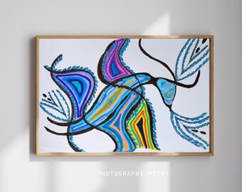 May include: A rectangular framed art print featuring an abstract illustration with bold black outlines. The design includes vibrant blue, purple, yellow, and pink shapes with leaf-like patterns, all set against a plain white background.