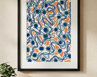 May include: A framed wall art print featuring an abstract pattern of wavy blue lines, orange geometric shapes, and circular motifs with dark blue centers surrounded by small green dots on a white background, enclosed in a black frame.