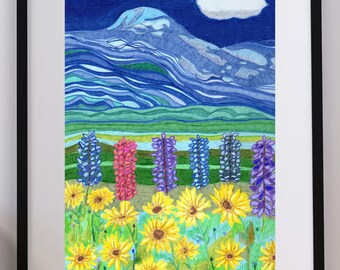 May include: A framed art print featuring a landscape painting with a dark blue night sky, a single white cloud, and rolling blue mountains. The foreground displays a field of bright yellow sunflowers and tall, colorful lupine flower spikes.