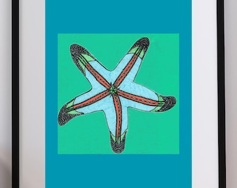 May include: A framed wall art print featuring a stylized illustration of a five-pointed starfish. The starfish is light blue with orange central stripes and black dotted tips, set against a vibrant green square on a solid teal background.