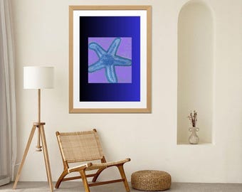 May include: A framed wall art print featuring a blue starfish centered on a light purple square background, which is set against a deep blue to black gradient backdrop. The artwork is enclosed in a light-colored wooden frame with a white mat border.