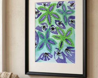 May include: A framed wall art print featuring a watercolor painting of stylized purple and green star-shaped flowers with black centers on a light blue background, enclosed in a simple black frame with a wide off-white mat border.