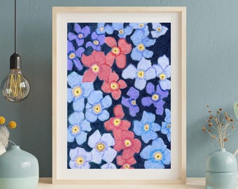May include: A framed rectangular print featuring a dense floral pattern of five-petaled flowers in shades of light blue, periwinkle, and coral pink. Each flower has a small yellow center, set against a dark navy blue background.