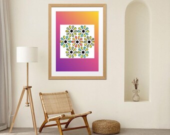 May include: A framed wall art print featuring a central white square containing seven stylized flowers with black centers and multi-colored petals, set against a vibrant vertical gradient background transitioning from yellow to pink to purple.