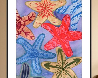 May include: A framed wall art print featuring a watercolor painting of six starfish in various colors including gold, red, blue, and dark green. Each starfish displays unique hand-drawn patterns and textures against a soft purple wash background.