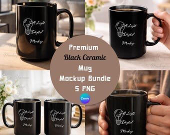 Paquete de maquetas de taza de cerámica negra premium / 5 maquetas PNG de tazas de café / Maqueta de taza con una mano sosteniendo un diseño de estilo de vida / Descarga digital compatible con Canva