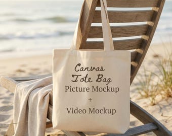 Maqueta de vídeo de bolso de lona / Maqueta de bolso de playa / Foto de bolso de verano / Bolso de lona en blanco MP4 / Maqueta de playa para impresión bajo demanda