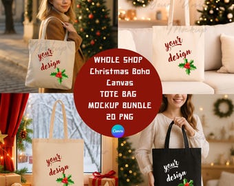 Paquete de maquetas de bolsas de tela navideñas / 20 maquetas de bolsas de tela PNG / Maqueta de bolsa de regalo navideña / Maqueta de bolsa de tela en blanco / Maqueta de bolsa de tela negra