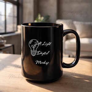 May include: A black ceramic mug with a large handle. The mug features white text and a lightbulb graphic that reads "Soft Light Digital Mockup". The mug is on a wooden surface.