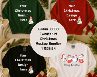 Paquete de maquetas de sudaderas navideñas en 4 colores principales + diseño navideño en formato PNG/JPG (descarga digital)
