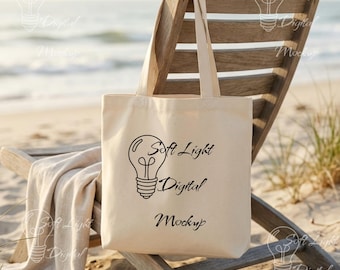 Maqueta de bolso de playa, maqueta de bolso de lona en silla de playa, maqueta de estilo de vida veraniego, plantilla de bolso de lona POD, maqueta estética de vacaciones