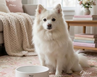 Maqueta de tazón para perro blanco esponjoso / Maqueta de tazón para mascota Pomerania / Maqueta de perro pequeño / Maqueta de tazón de cerámica blanca estética / Imagen POD bohemia