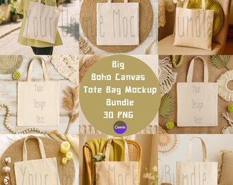 Paquete de maquetas de bolsos de tela estilo boho, maquetas de bolsos de lona, 30 maquetas digitales PNG, maqueta de bolso minimalista, plantilla de Canva