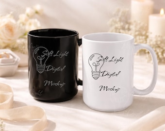 Maqueta de taza en blanco y negro / Maqueta de tazas a juego / Tazas una al lado de la otra / Maqueta de taza de café de cerámica brillante / Maqueta de tazas de boda