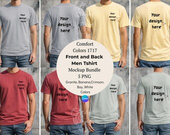 Realistic Men’s T‑Shirt Mockup Bundle Front & Back | 5 Popular Colors | Banana, Crimson, Bay, Granite, White Men Tshirt Mockup  Bundle | PNG