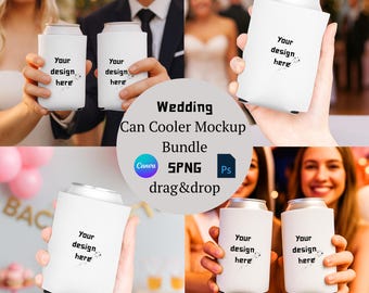 Paquete de maquetas de enfriadores de latas para bodas / Maquetas para despedidas de soltera / 5 maquetas PNG de fundas para bebidas de estilo de vida / Arrastrar y soltar / Compatible con Canva
