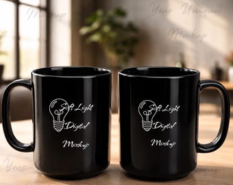 Maqueta de taza negra sobre fondo de loft / Maqueta de tazas a juego / Tazas una al lado de la otra / Maqueta de taza de café de cerámica brillante / Maqueta de taza de regalo