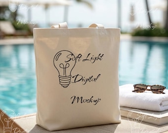 Maqueta de bolso de mano junto a la piscina, maqueta de bolso de lona con gafas de sol, marca de resort de verano, plantilla de bolso de lona POD, maqueta de viaje estética