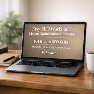Manual de SEO de Etsy + Plantillas de optimización de anuncios / 101 tareas SEO guiadas (palabras clave, títulos, etiquetas, descripciones) / PDF + Word